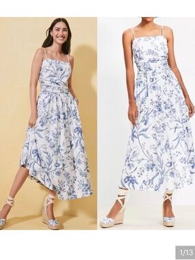 LOFT 100% Cotton White and Blue Bird Toile Strappy Midi Dress
